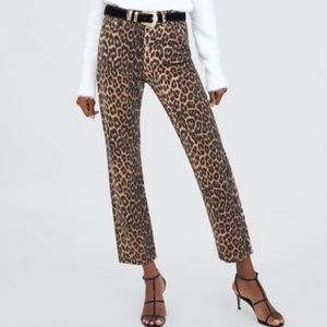 Zara- High Rise Leopard Print Straight Leg Jeans